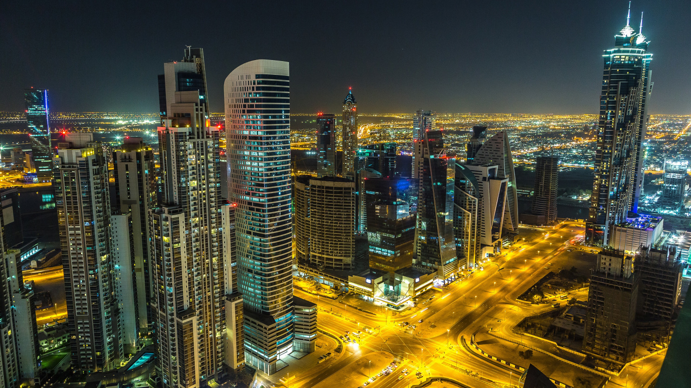 Обои Эйфелева башня, небоскреб, ночь, город, городской пейзаж в разрешении 1366x768