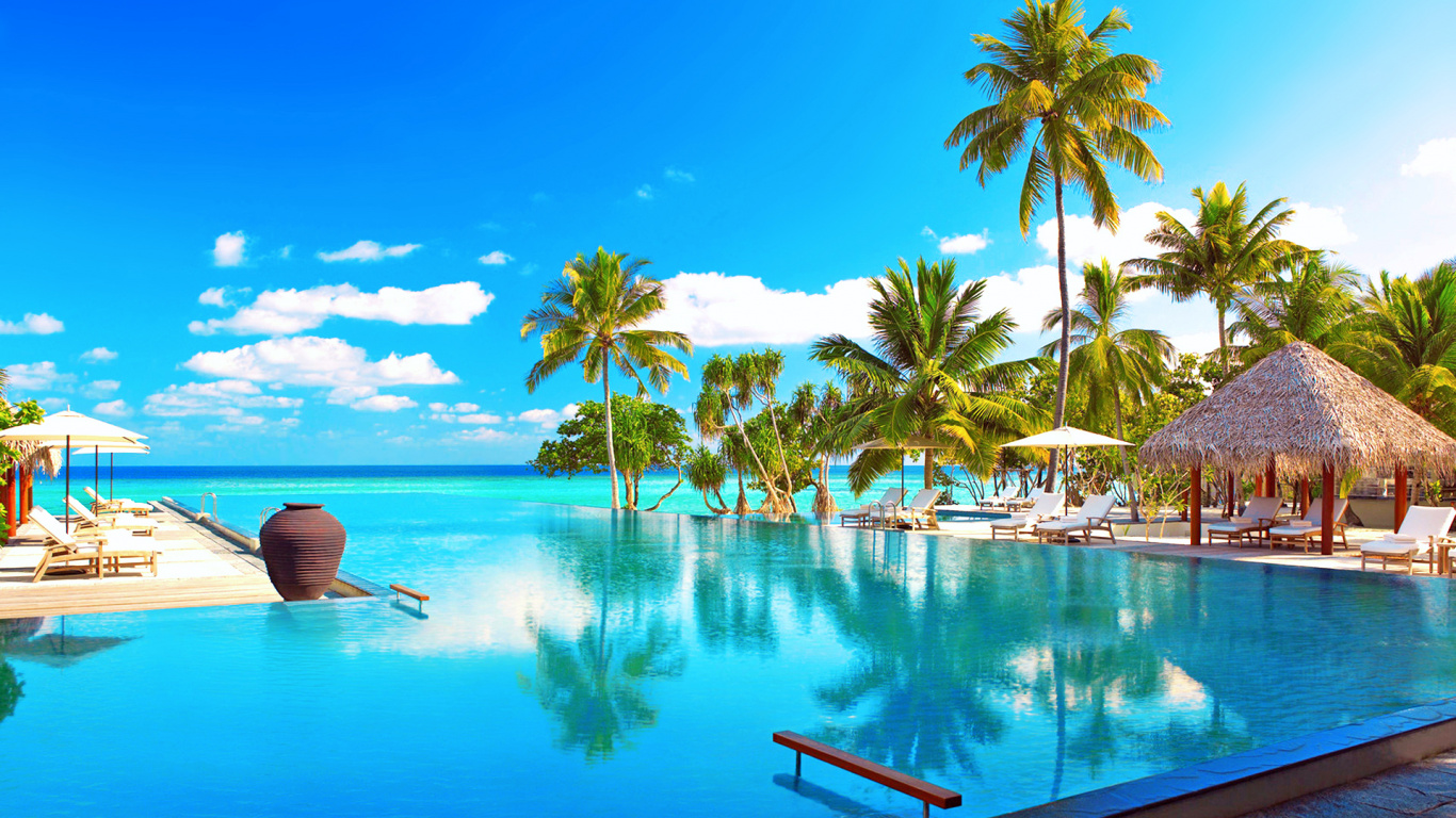 Обои прибежище, плавательный бассейн, отпуск, Карибский бассейн, курортный город в разрешении 1366x768