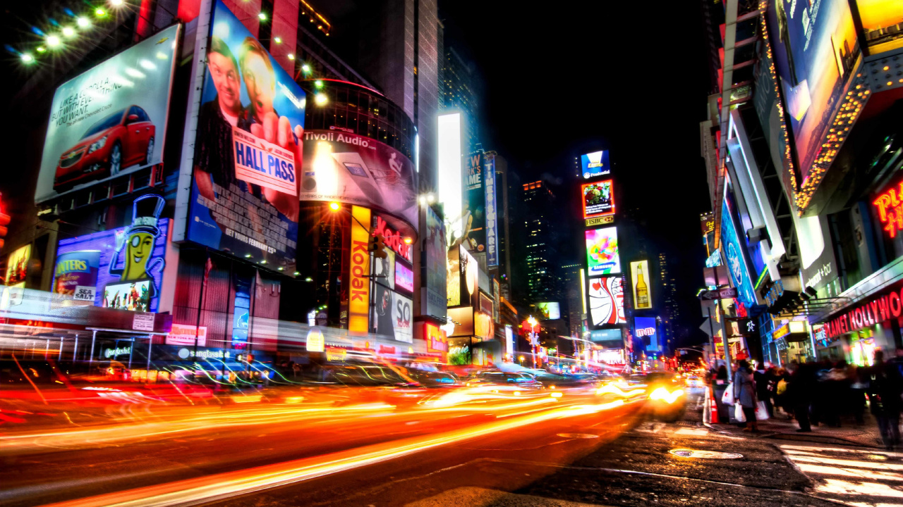 Обои таймсквер, городской район, ночь, метрополия, город в разрешении 1280x720