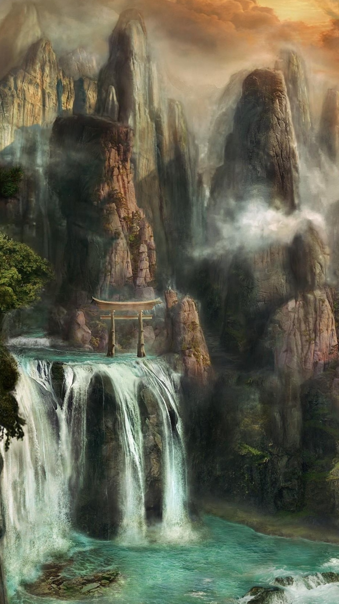 Обои фэнтези, природа, водоем, водопад, гидроресурсы в разрешении 1080x1920