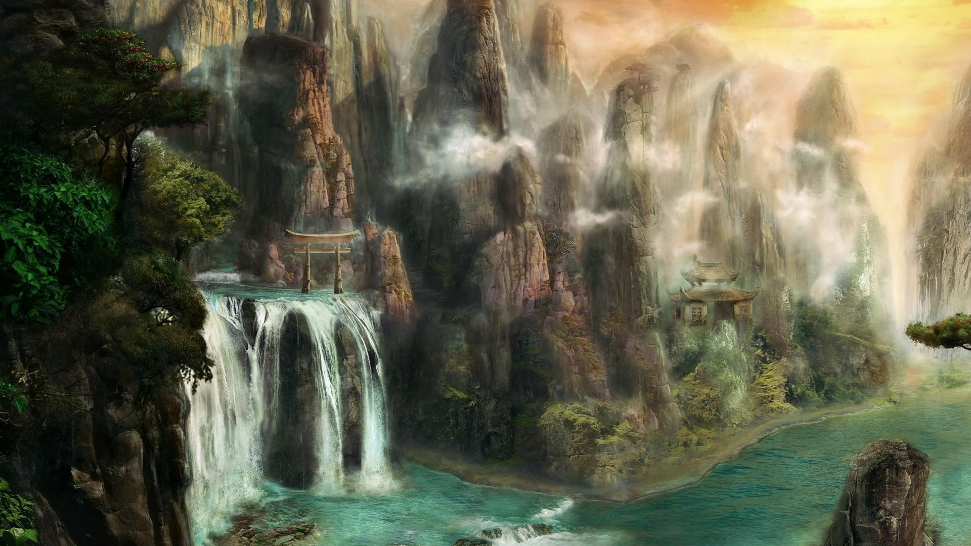 Обои фэнтези, природа, водоем, водопад, гидроресурсы в разрешении 1920x1080