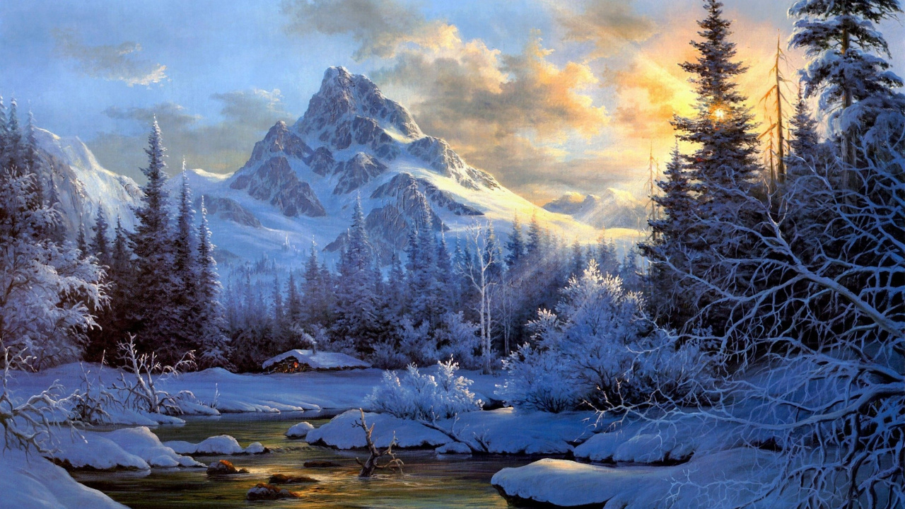 Обои горы пейзаж живопись, пейзажная живопись, живопись, пейзаж, арт в разрешении 1280x720