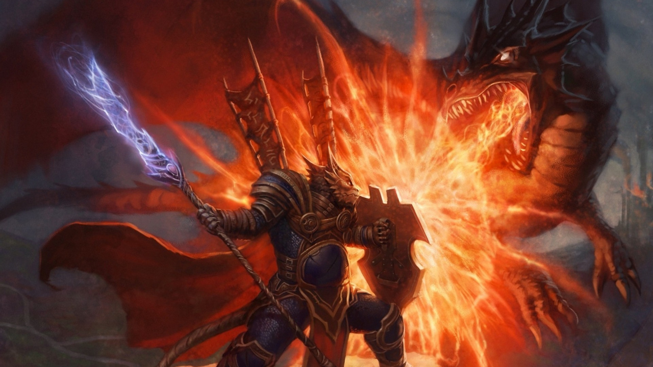 Обои дракон, щит, монстр, компьютерная игра, битва в разрешении 1280x720