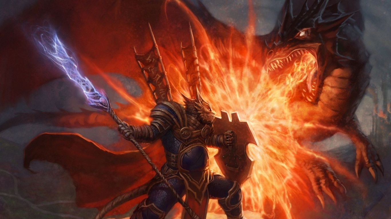 Обои дракон, щит, монстр, компьютерная игра, битва в разрешении 1366x768