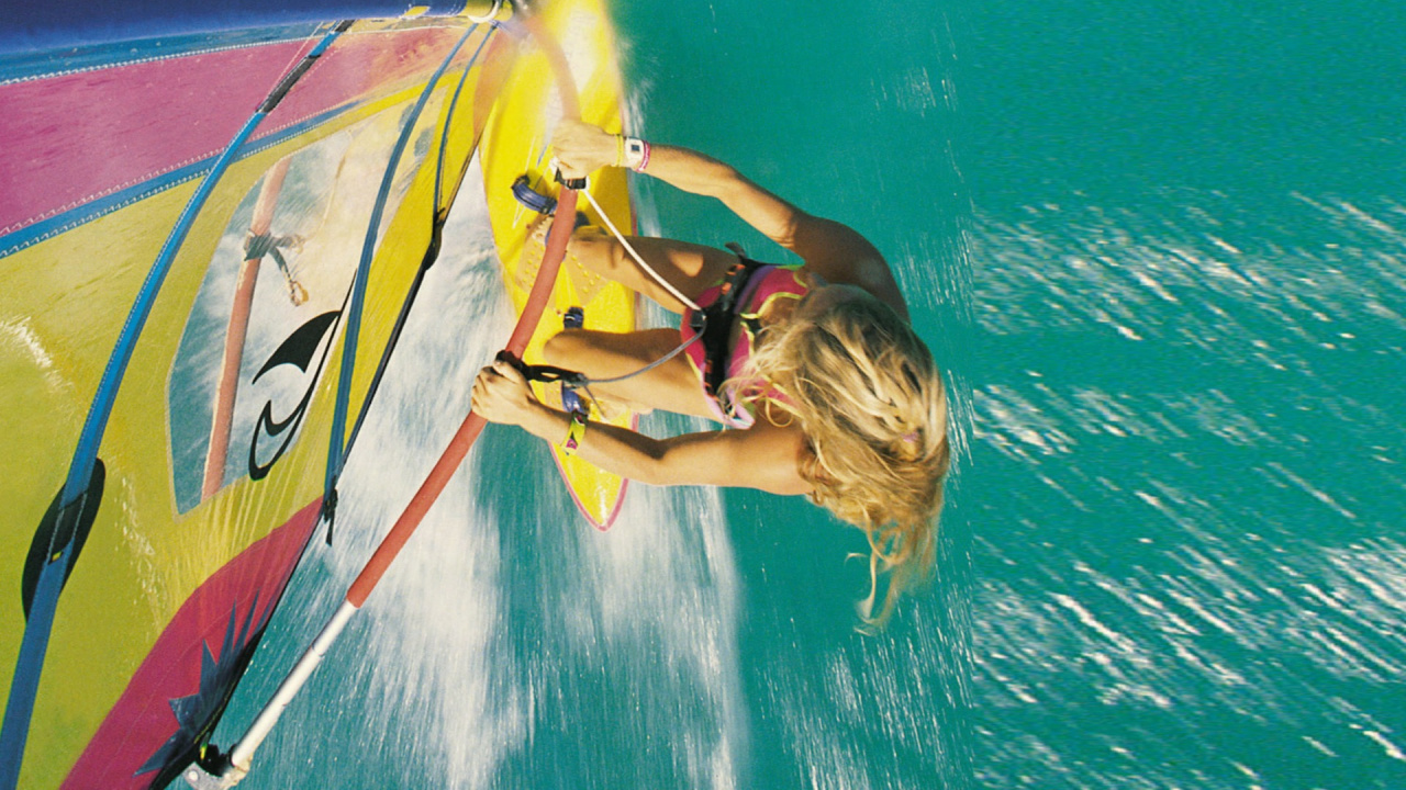 Обои виндсерфинг, серфинг, доска, желтый, вода в разрешении 1280x720