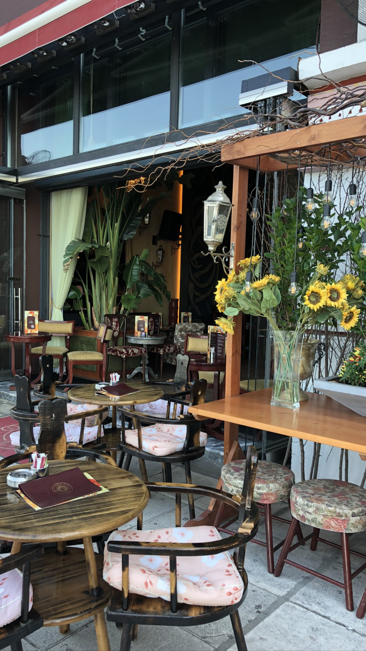 Обои таблица, мебель, цветочный горшок, комнатное растение, ресторан в разрешении 750x1334