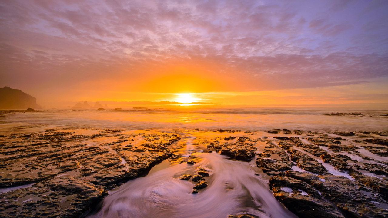 Обои утро, закат, горизонт, море, восход солнца в разрешении 1280x720