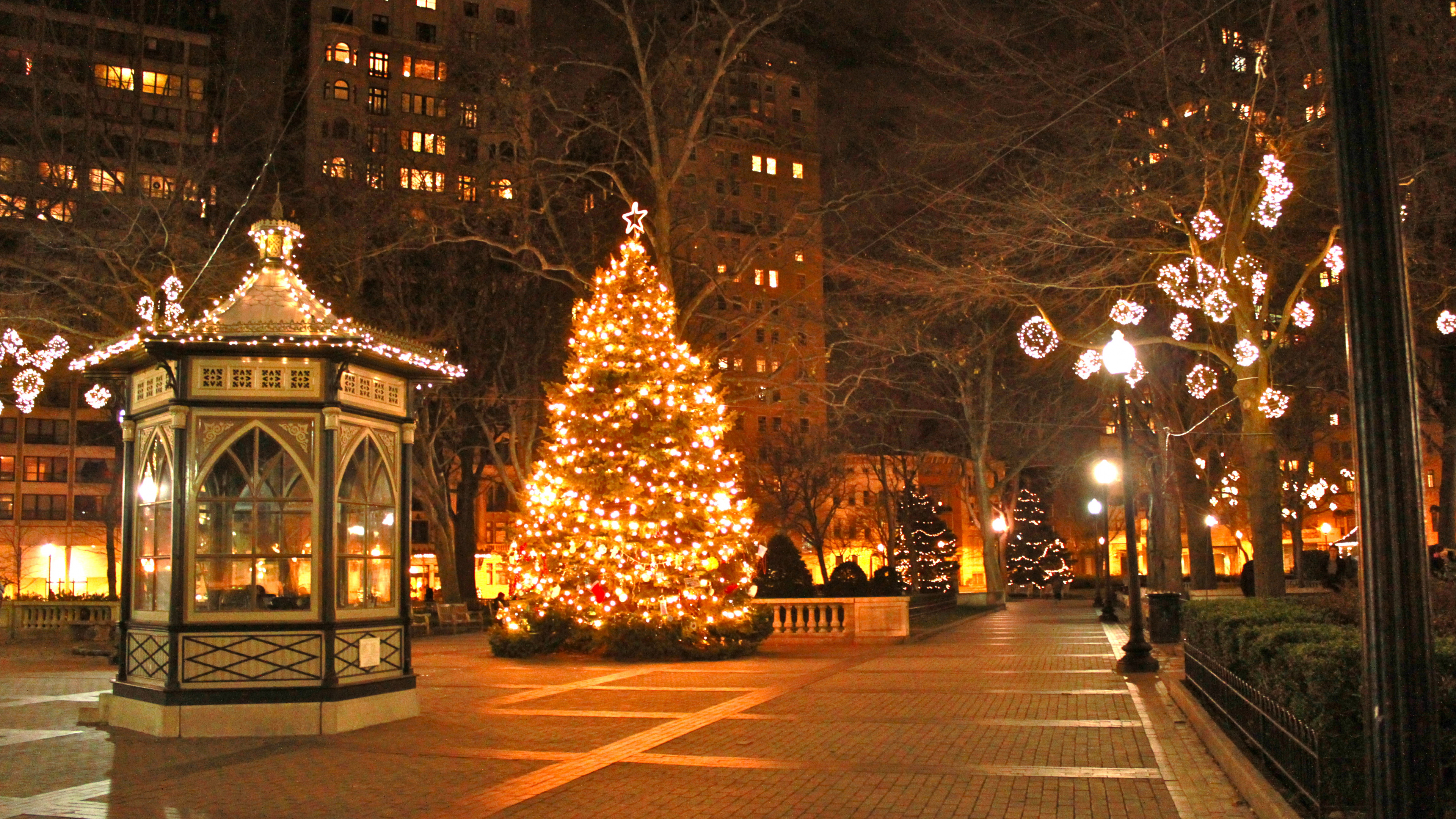 Обои Рождественский день, елка, дерево, ночь, Рождество в разрешении 3840x2160