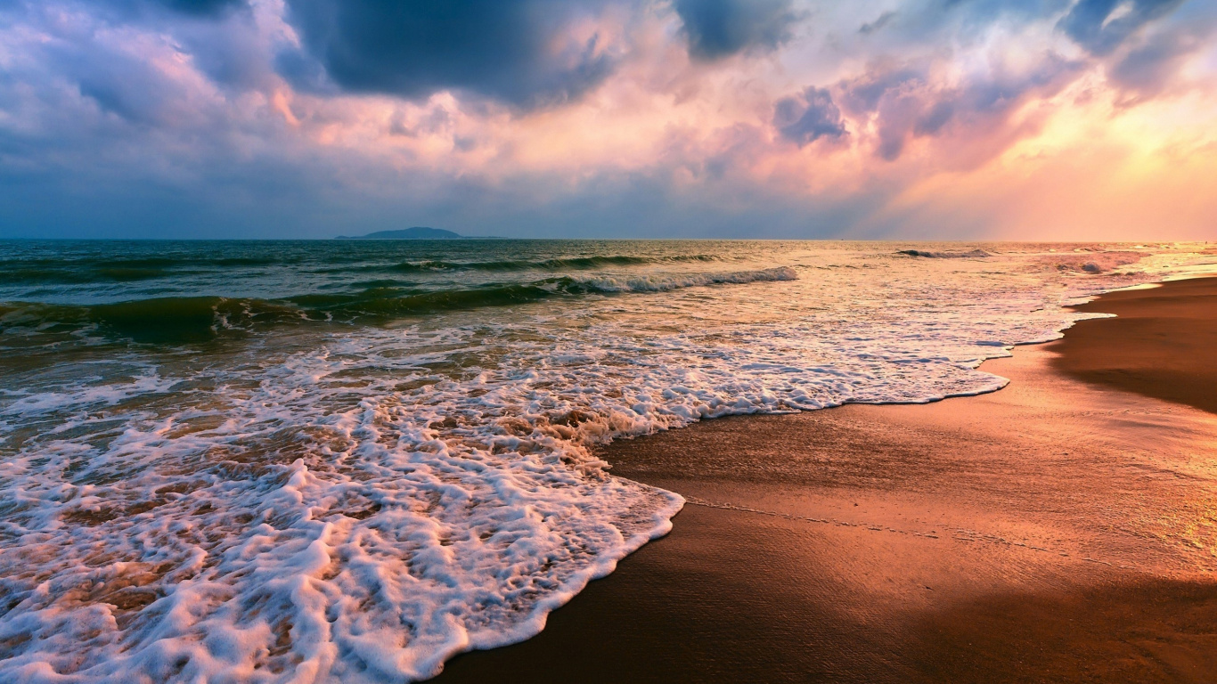 Обои закат, пляж, море, водоем, волна в разрешении 1366x768