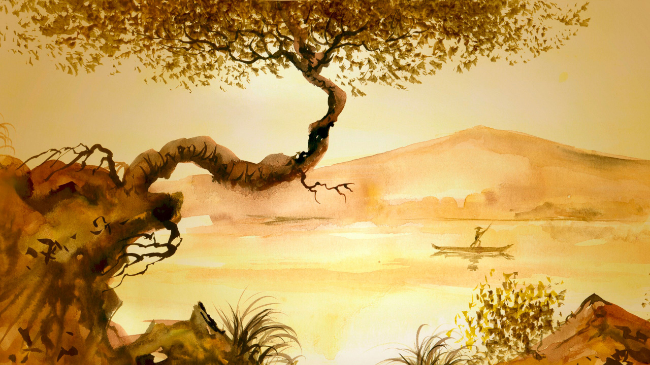 Обои живопись, акварельные краски, дерево, Саванна, пейзаж в разрешении 1280x720