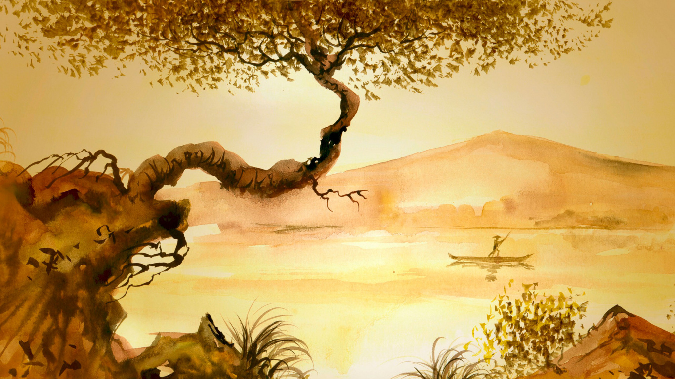 Обои живопись, акварельные краски, дерево, Саванна, пейзаж в разрешении 1366x768