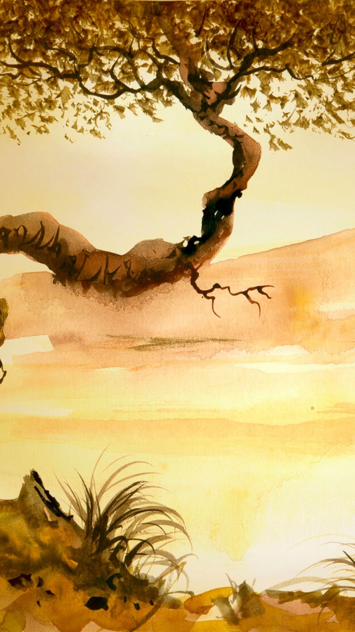 Обои живопись, акварельные краски, дерево, Саванна, пейзаж в разрешении 720x1280