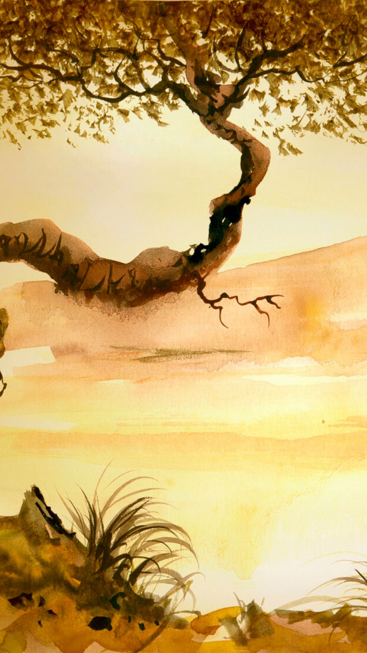 Обои живопись, акварельные краски, дерево, Саванна, пейзаж в разрешении 750x1334