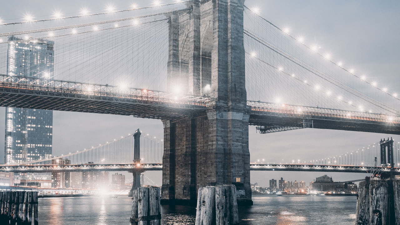 Обои манхэттенский мост, Бруклинский мост, вода, мост, городской район в разрешении 1280x720