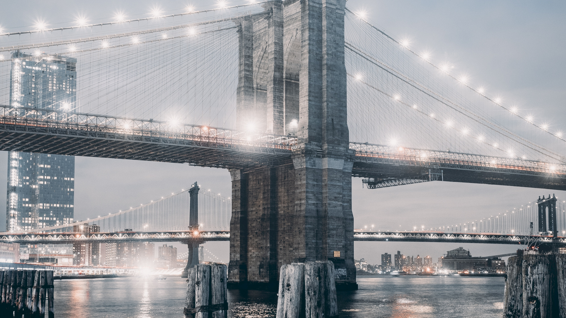 Обои манхэттенский мост, Бруклинский мост, вода, мост, городской район в разрешении 1920x1080