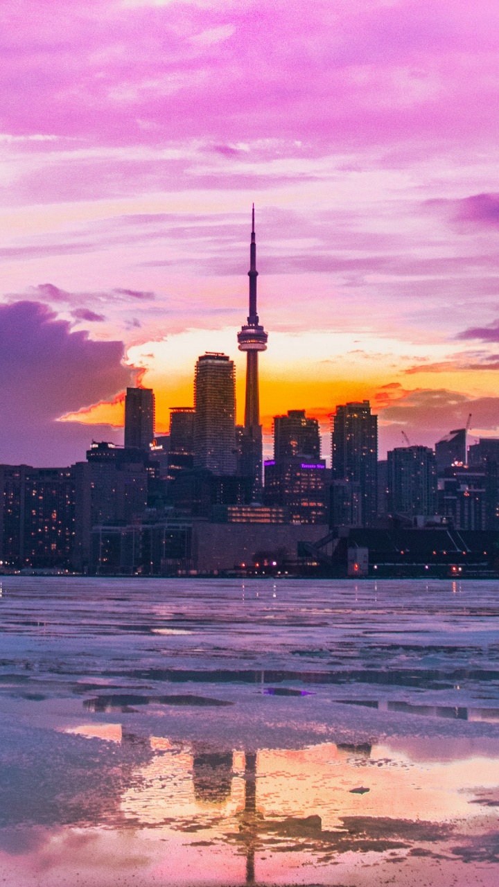 Обои городской пейзаж, линия горизонта, город, сумрак, розовый в разрешении 720x1280