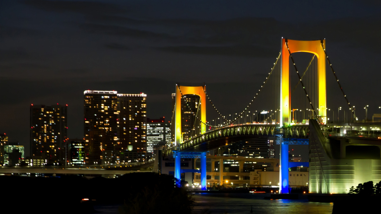 Обои Радужный мост, манхэттенский мост, подвесной мост, мост, ночь в разрешении 1280x720