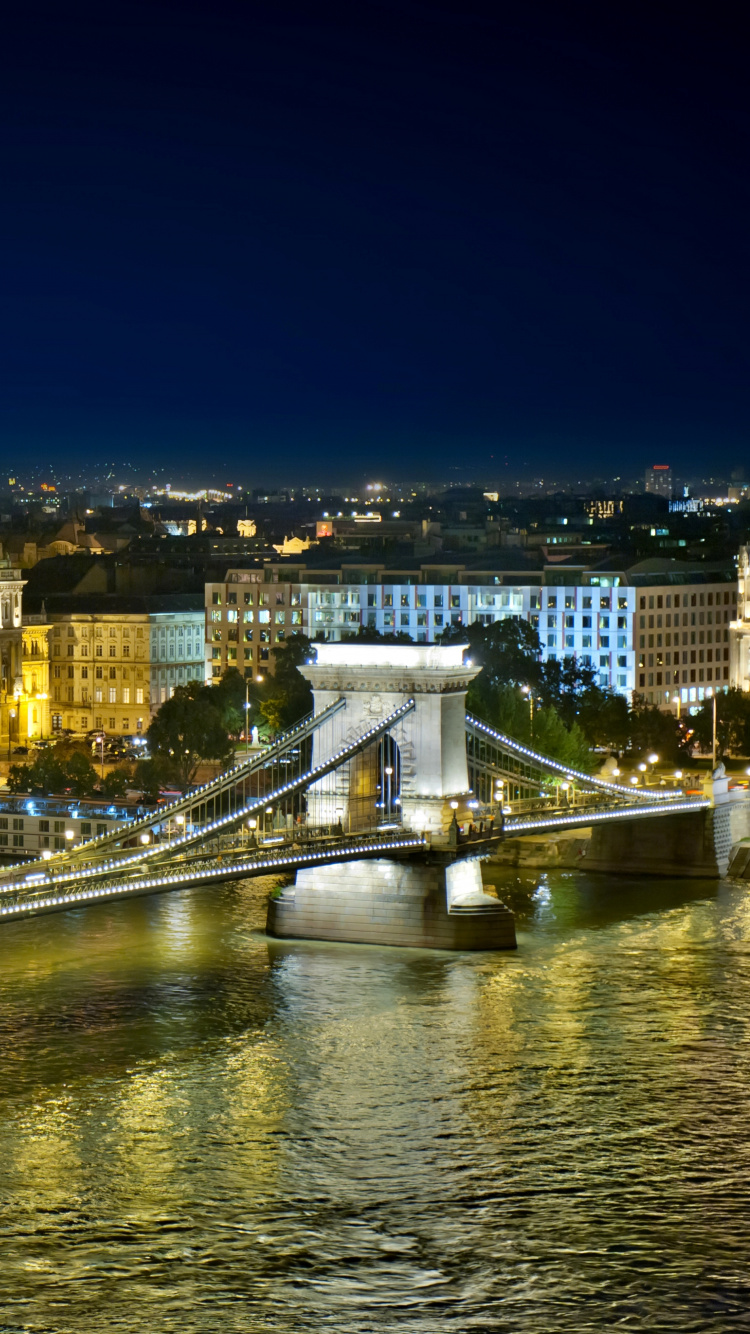 Обои узкий цепной мост, мост, цепной мост, ночь, город в разрешении 750x1334