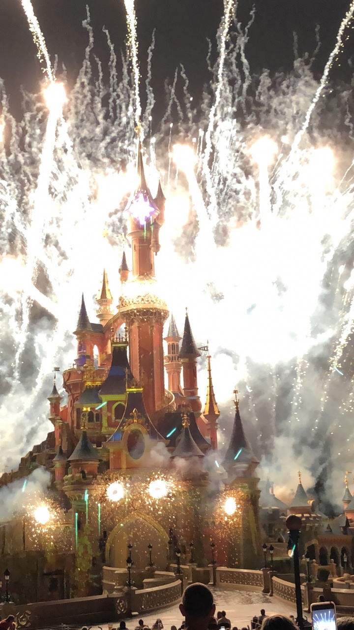 Обои Диснейленд, салют, канун Нового года, достопримечательность, толпа в разрешении 720x1280