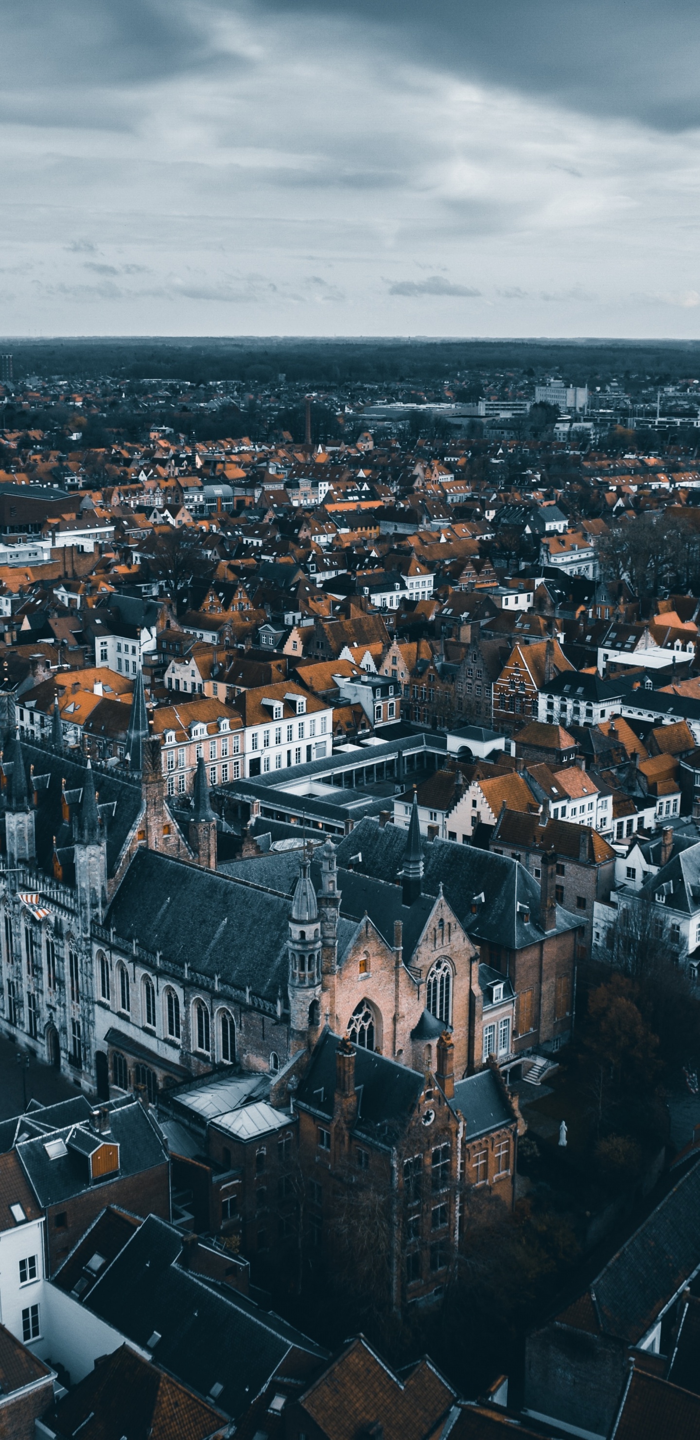 Обои населенный пункт, городской район, Брюгге, с высоты птичьего полета, вышка в разрешении 1440x2960