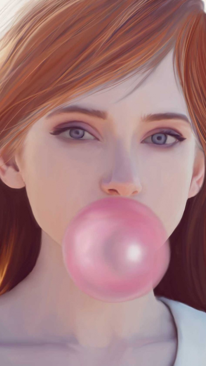 Обои жевательная резинка, рисование, волосы, лицо, губа в разрешении 720x1280