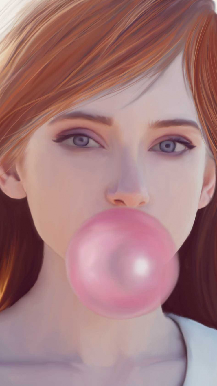 Обои жевательная резинка, рисование, волосы, лицо, губа в разрешении 750x1334