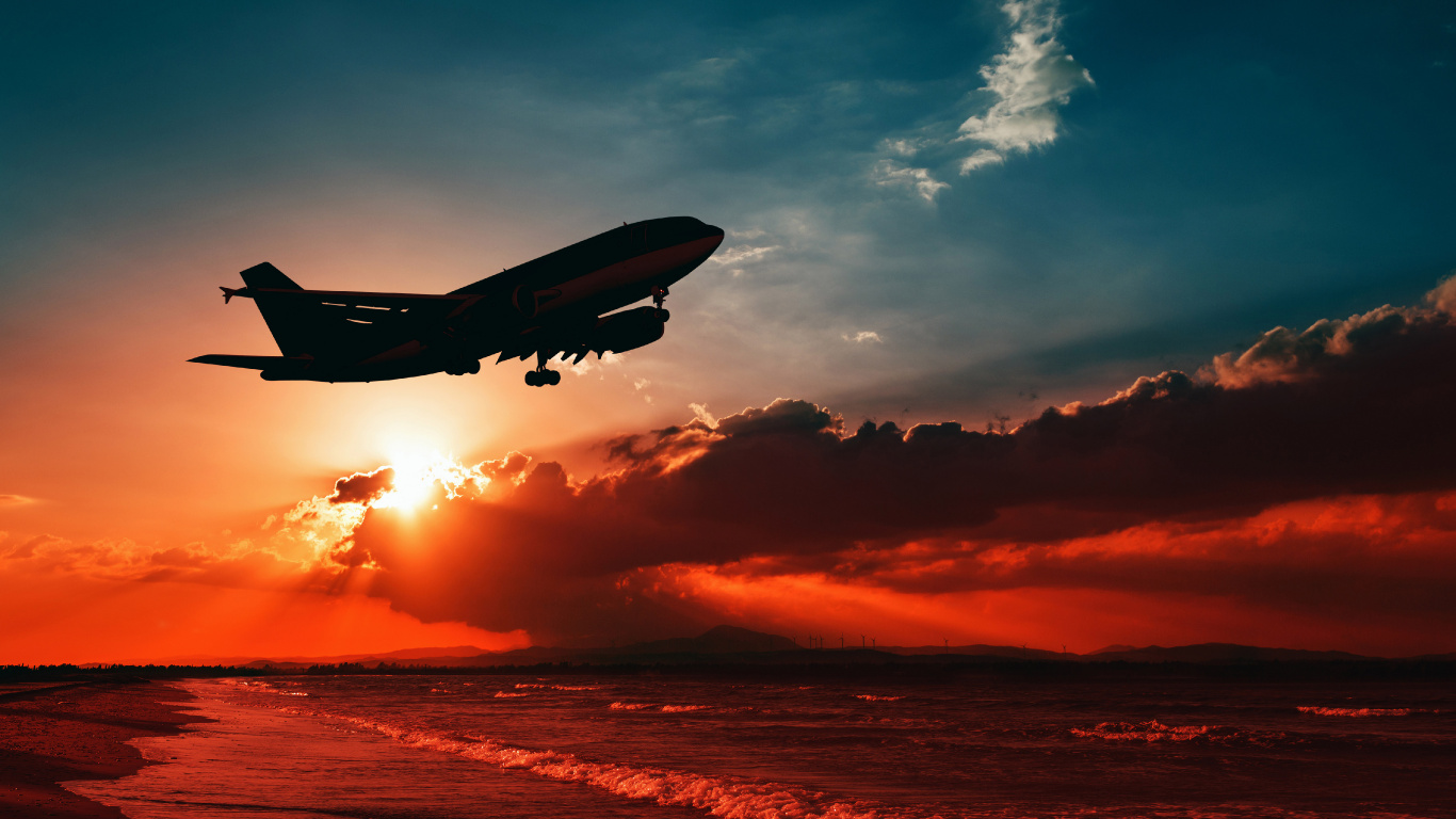 Обои авиация, самолет закат, авиакомпания, самолет, аэрокосмическая техника в разрешении 1366x768