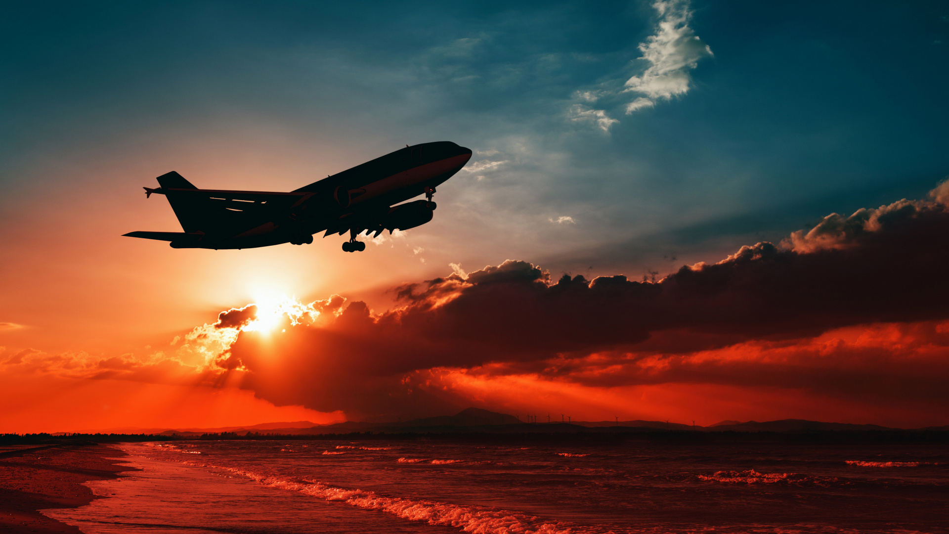 Обои авиация, самолет закат, авиакомпания, самолет, аэрокосмическая техника в разрешении 1920x1080