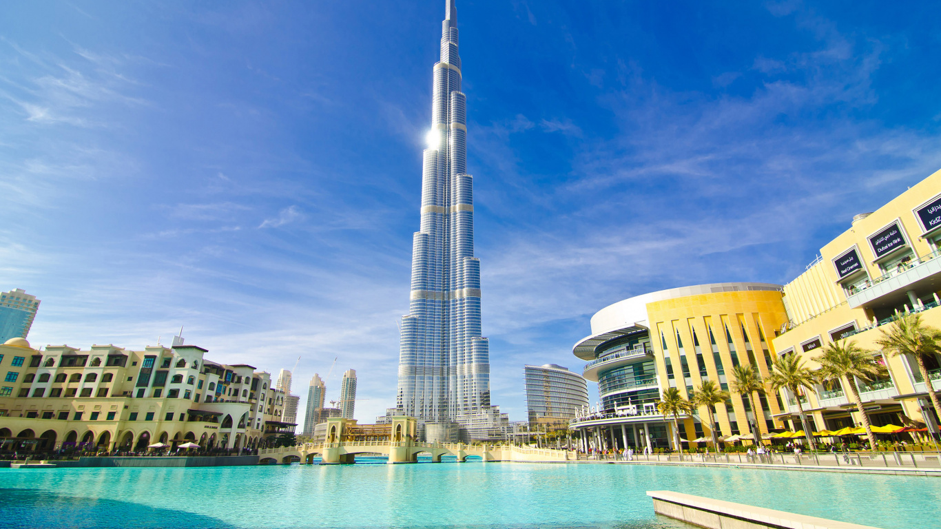 Обои Дубай Молл, Бурдж Халифа, достопримечательность, туризм, ориентир в разрешении 1366x768