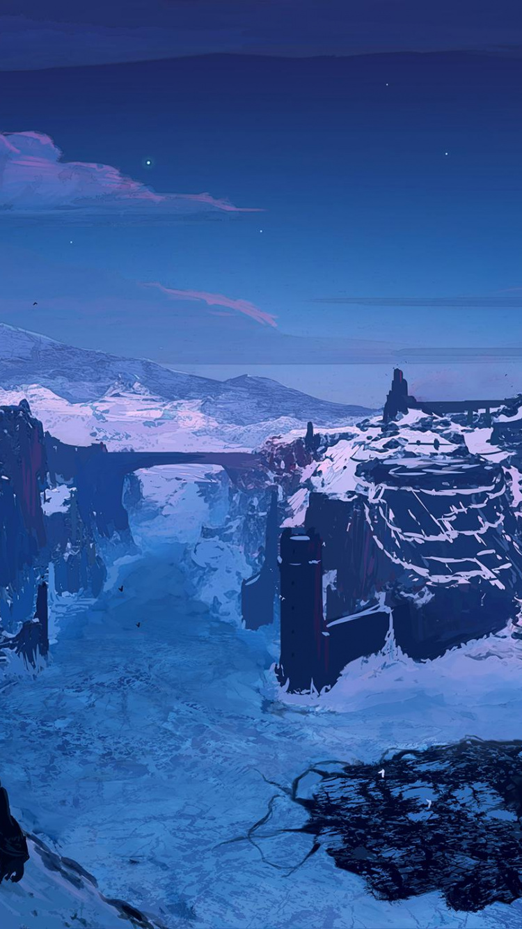 Обои фантастический снежный пейзаж, фантастическое искусство, пейзажная живопись, Пейзаж со снегом, арт в разрешении 750x1334