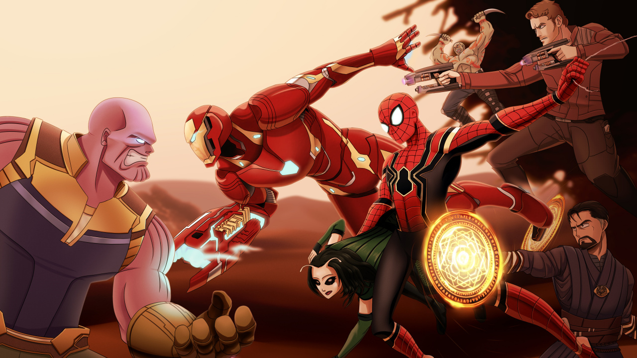 Обои Танос, Железный человек, человек-паук, супергерой, комиксы Марвел в разрешении 1280x720