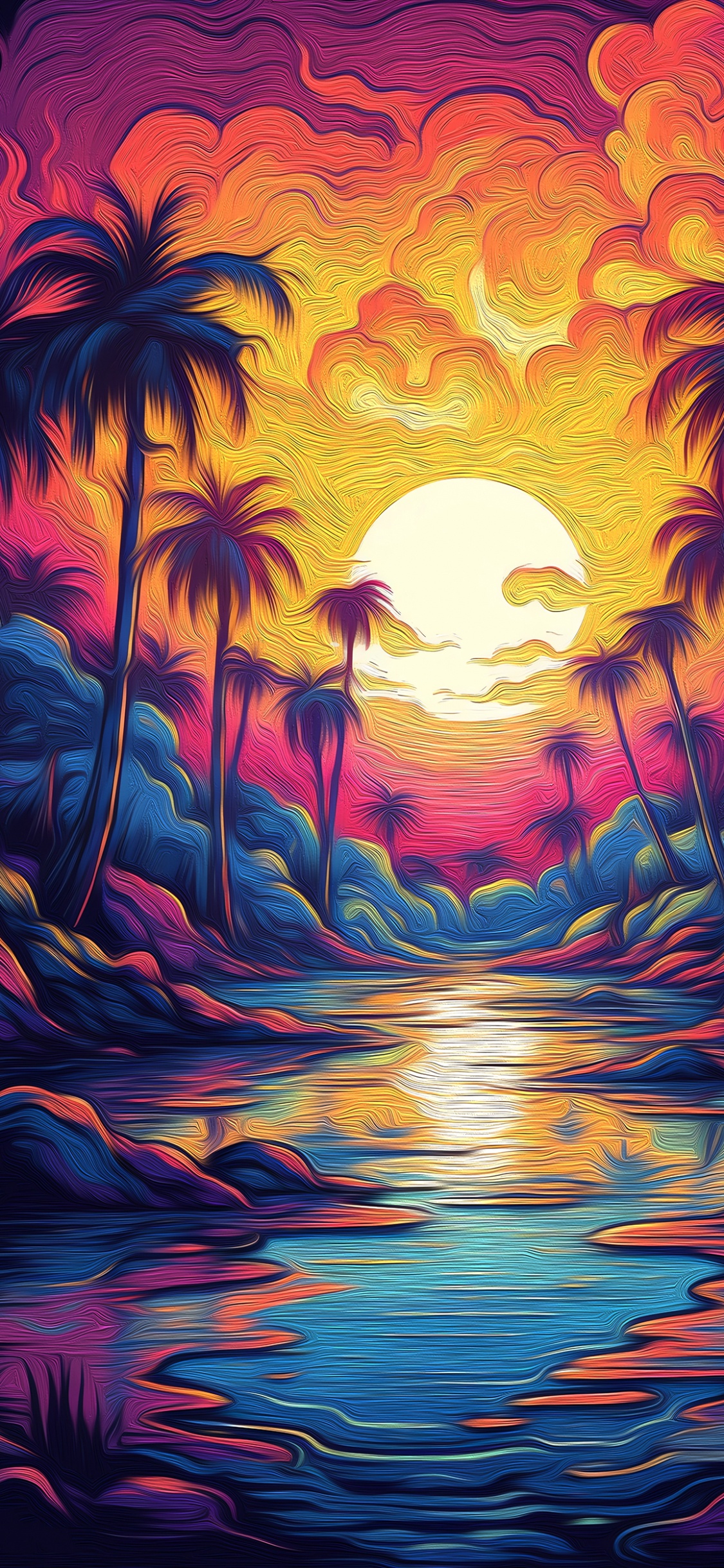 Обои живопись, визуальное искусство, вода, облако, растение в разрешении 1125x2436