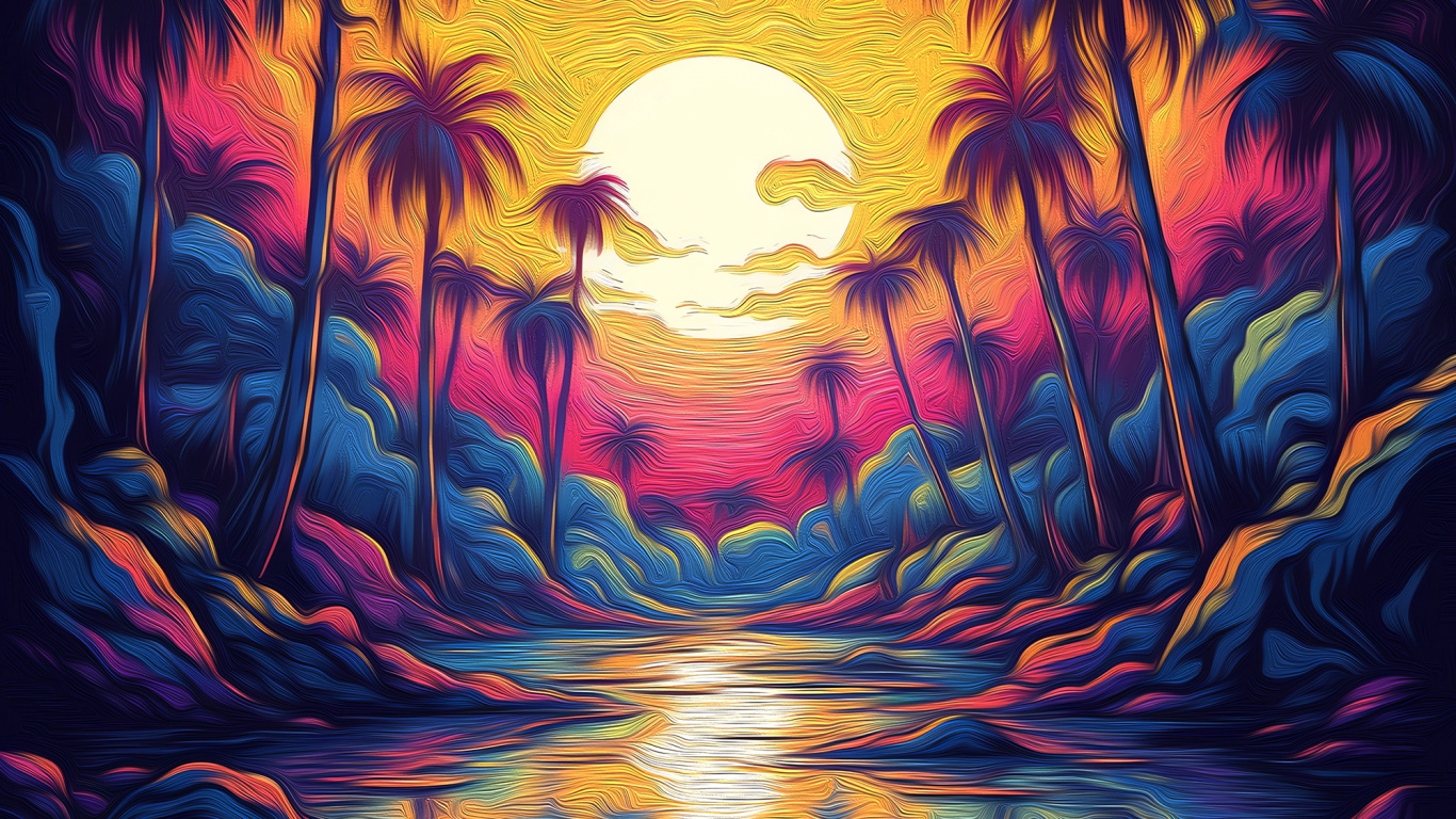 Обои живопись, визуальное искусство, вода, облако, растение в разрешении 1366x768