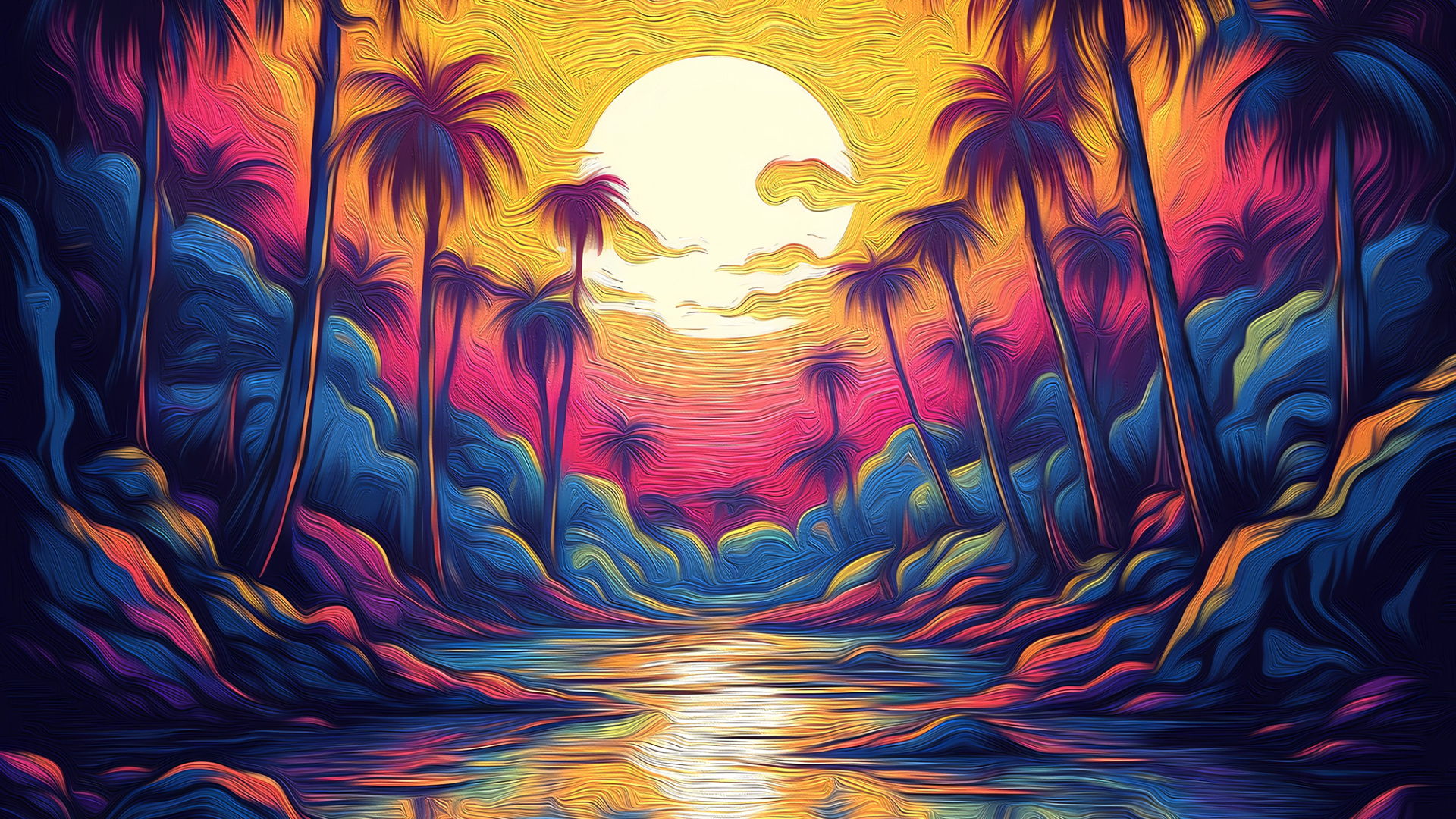 Обои живопись, визуальное искусство, вода, облако, растение в разрешении 1920x1080