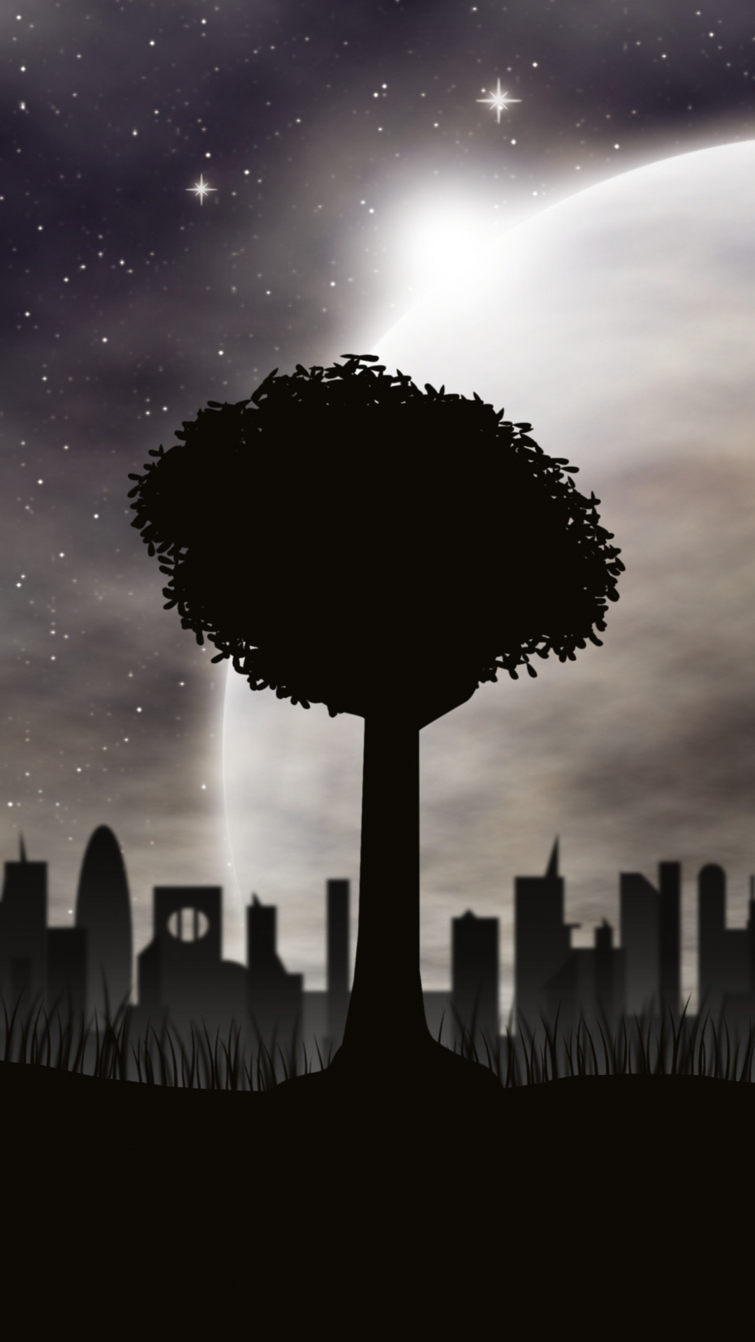 Обои векторная графика, силуэт, облако, ночь, атмосфера в разрешении 1080x1920