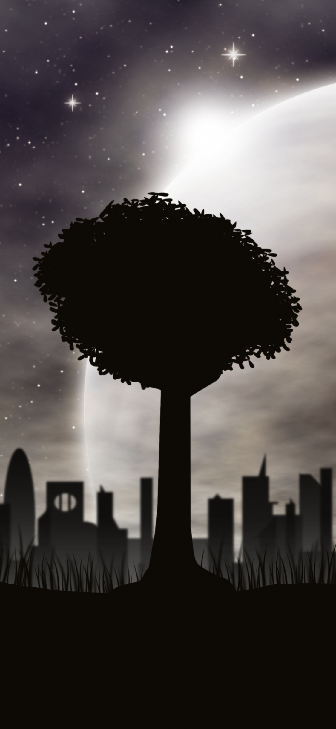 Обои векторная графика, силуэт, облако, ночь, атмосфера в разрешении 1125x2436