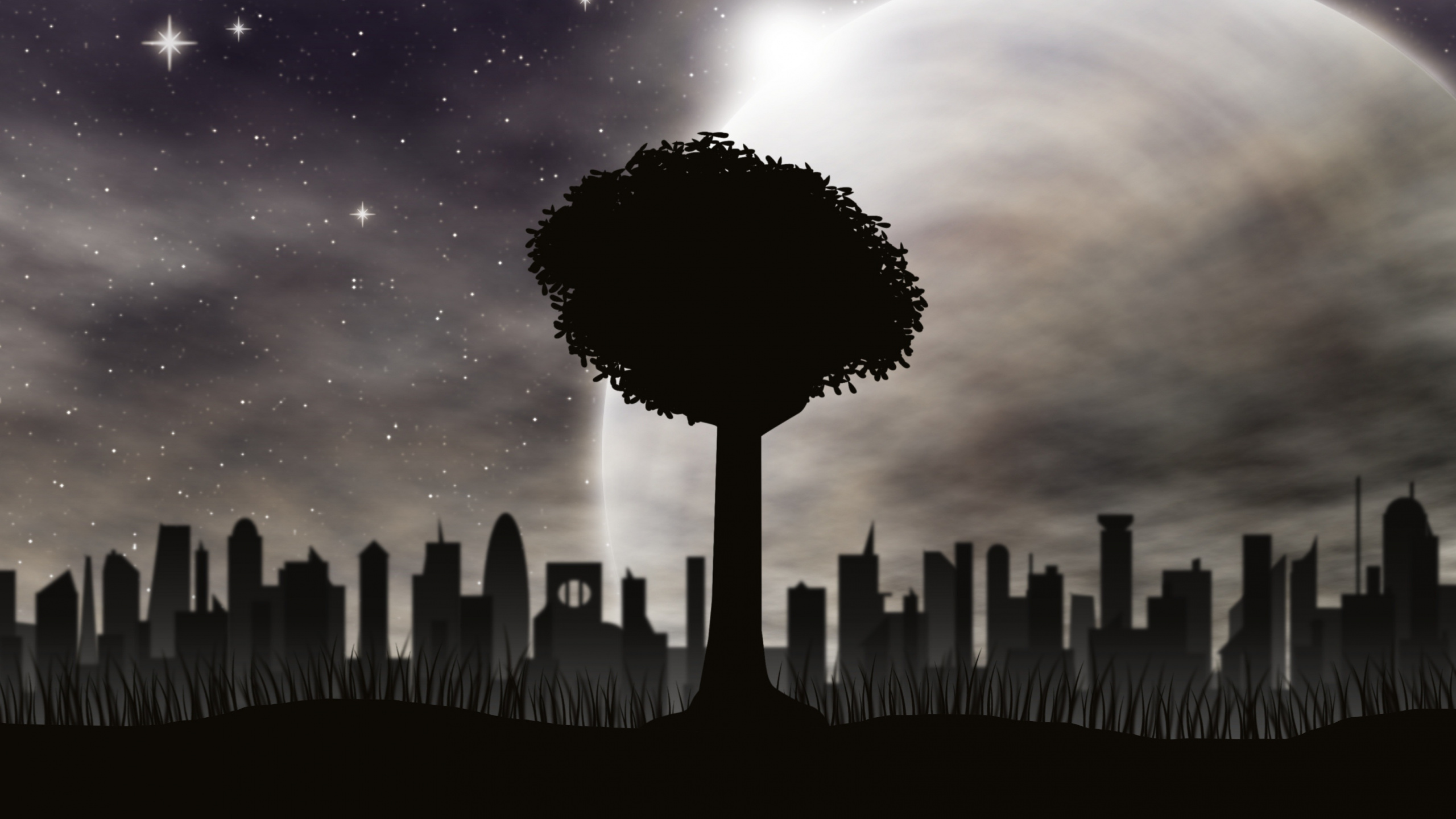 Обои векторная графика, силуэт, облако, ночь, атмосфера в разрешении 2560x1440