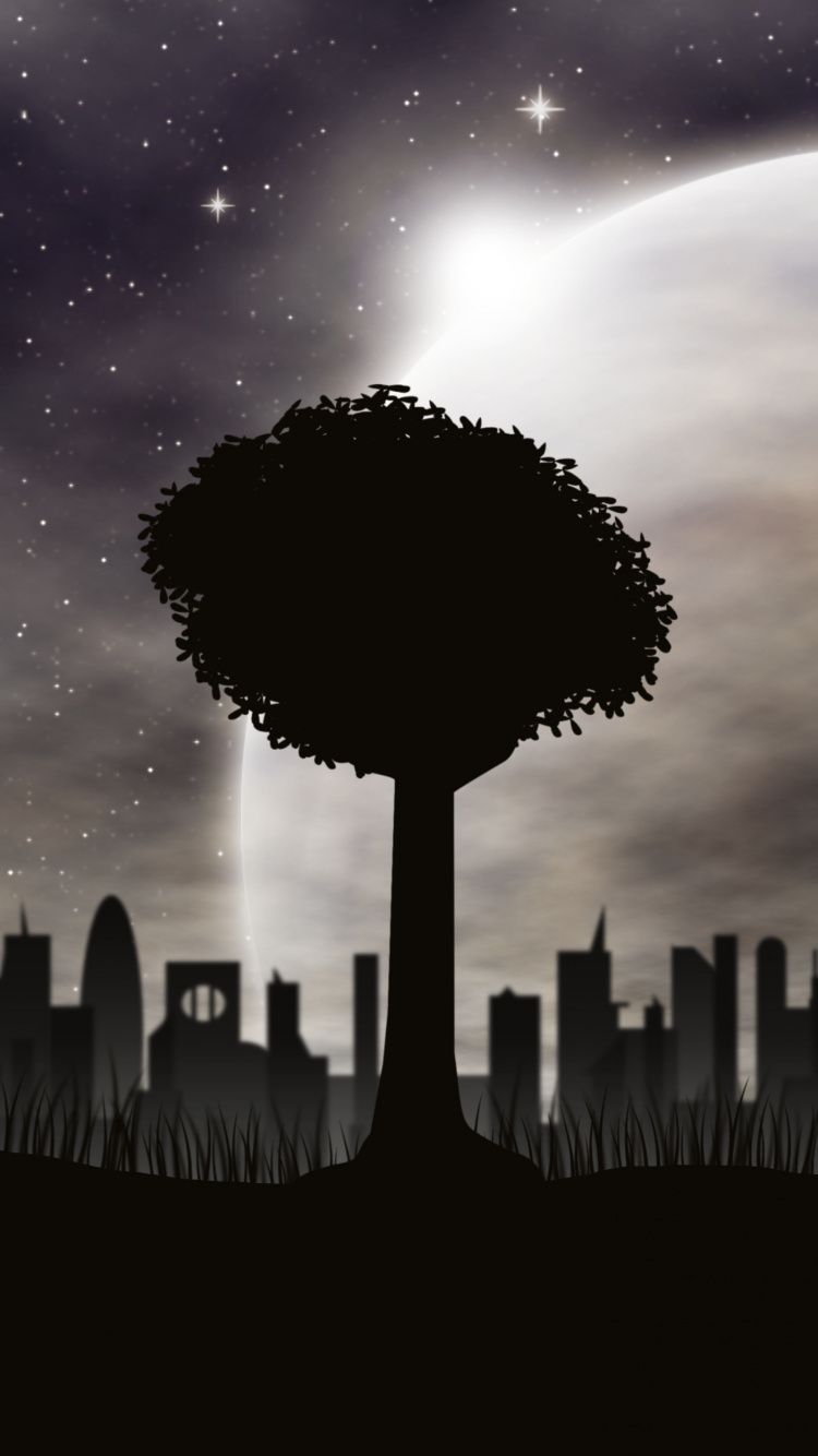 Обои векторная графика, силуэт, облако, ночь, атмосфера в разрешении 750x1334