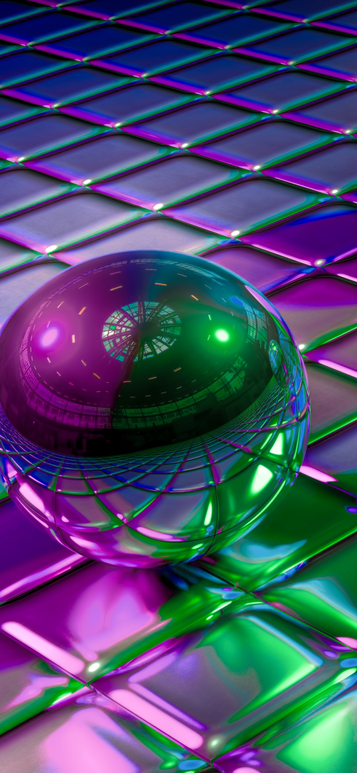 Обои арт, зеленый, пурпур, сфера, симметрия в разрешении 1242x2688