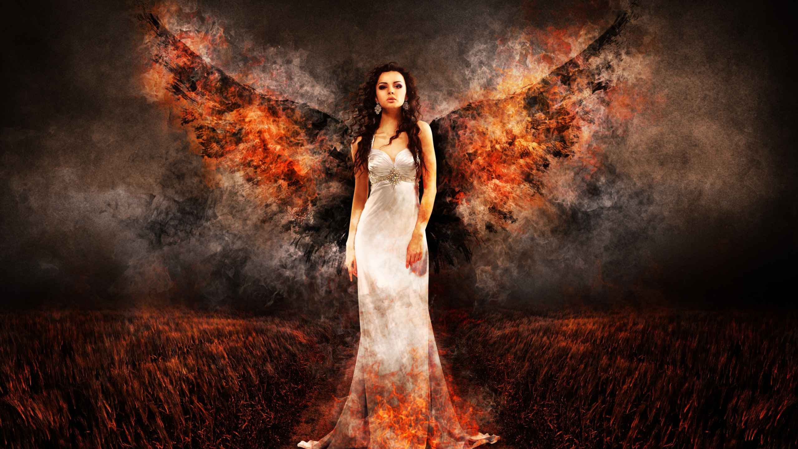 Обои ангел, иллюстрация, спецэффекты, женщина, огонь в разрешении 2560x1440