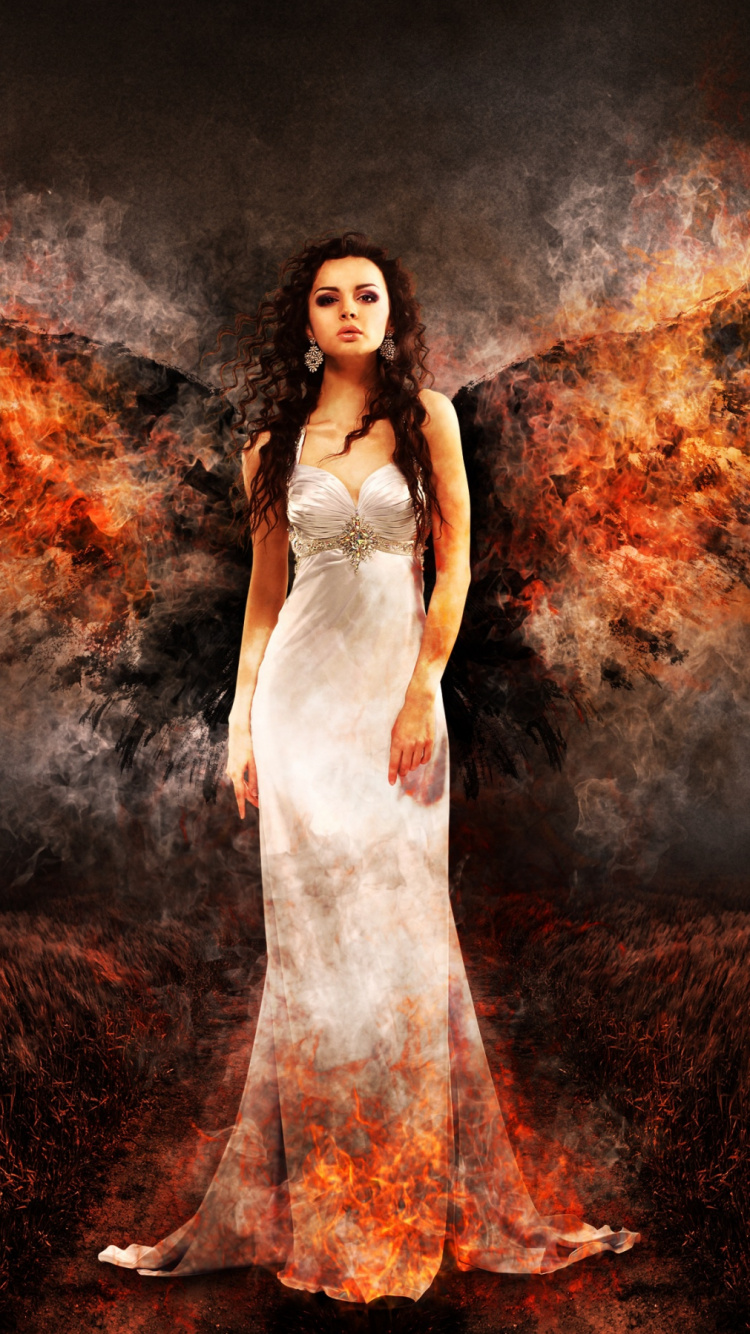 Обои ангел, иллюстрация, спецэффекты, женщина, огонь в разрешении 750x1334