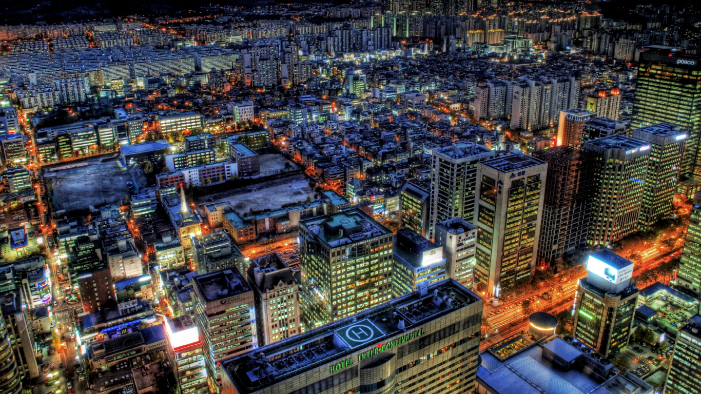 Обои Сеул, город, городской пейзаж, городской район, метрополия в разрешении 1366x768
