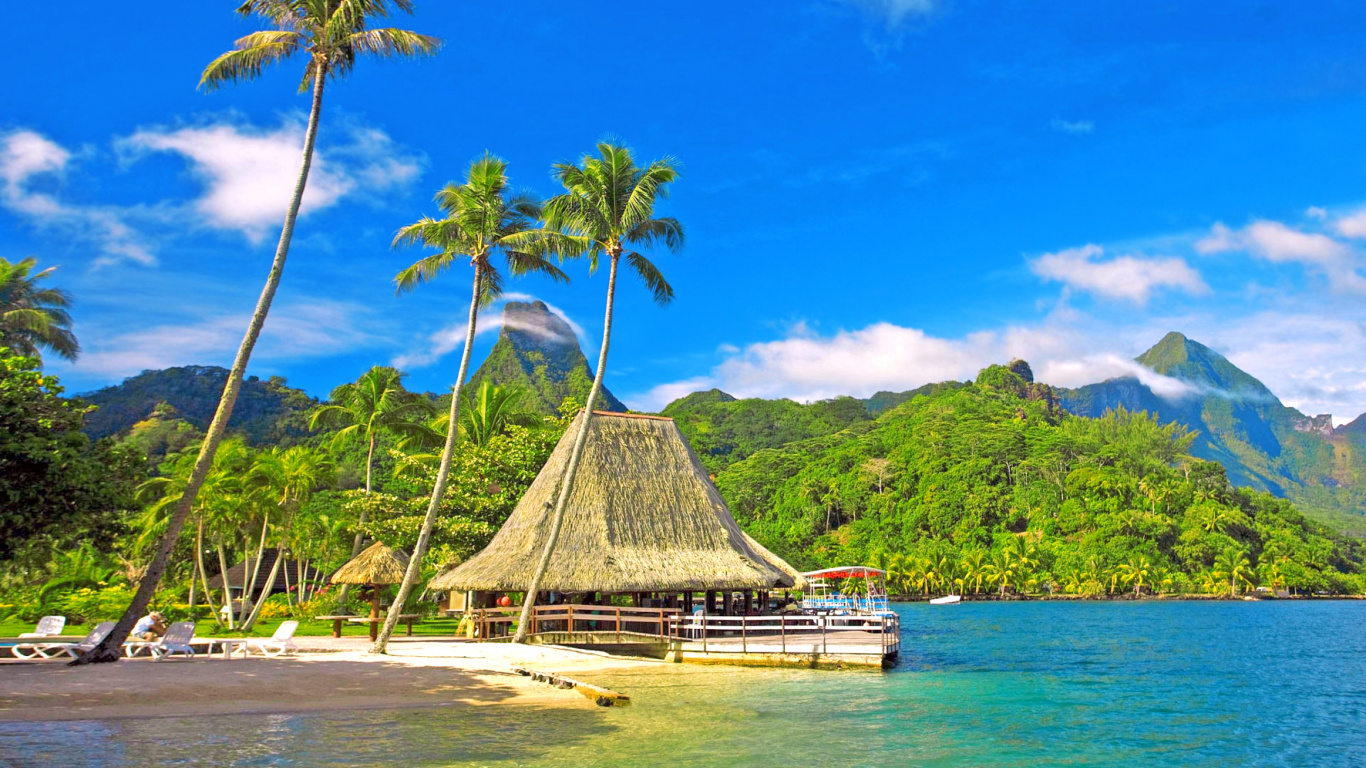 Обои Таити, Остров, пляж, тропическая зона, природа в разрешении 1366x768