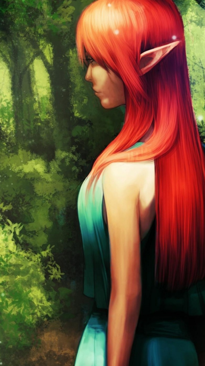 Обои эльф, лес, длинные волосы, дерево, зеленый в разрешении 720x1280