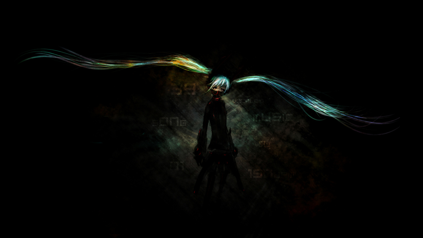 Обои Хацунэ Мику, вокалоид, черный, темнота, зеленый в разрешении 1366x768