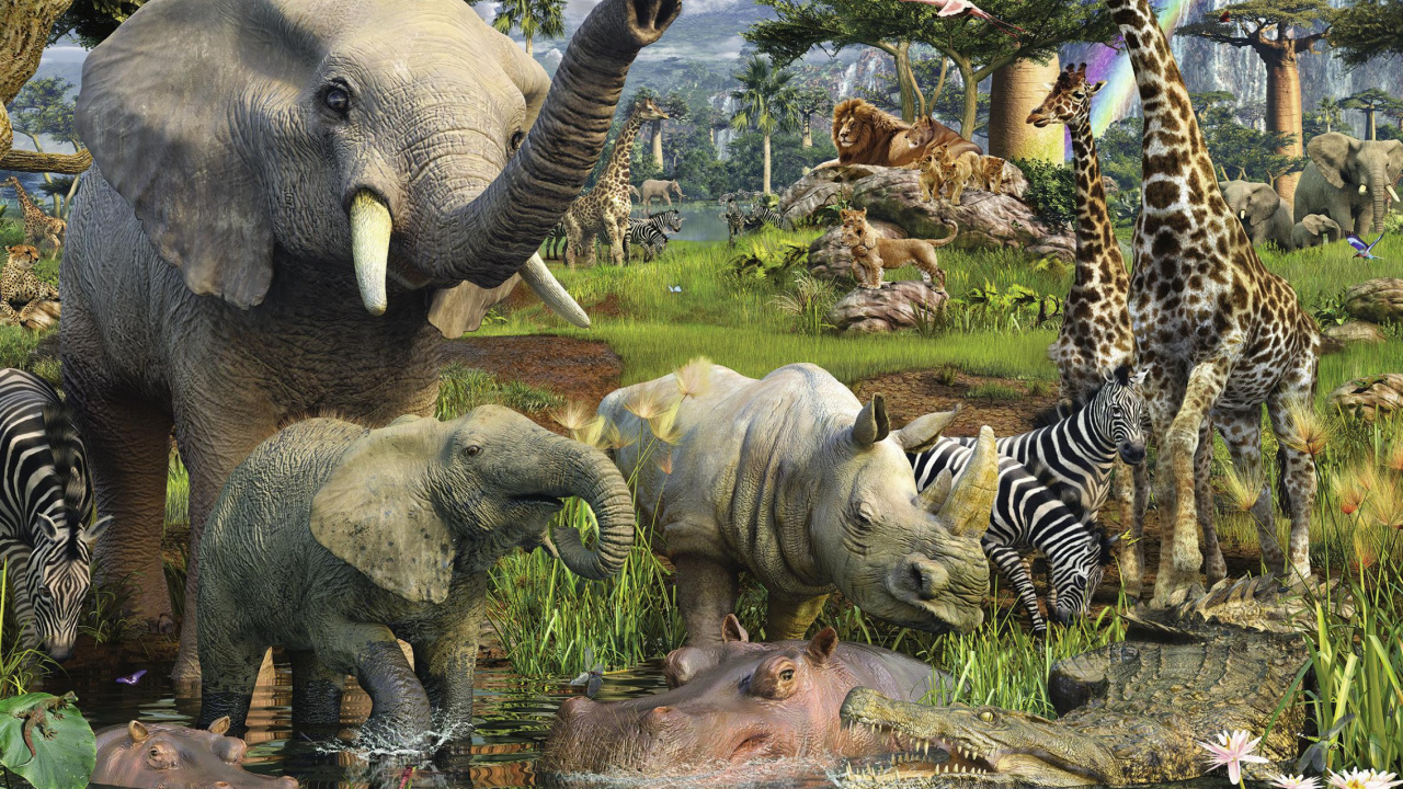 Обои Равенсбургер У Водопоя, наземные животные, Слон, живая природа, слоны и мамонты в разрешении 1280x720