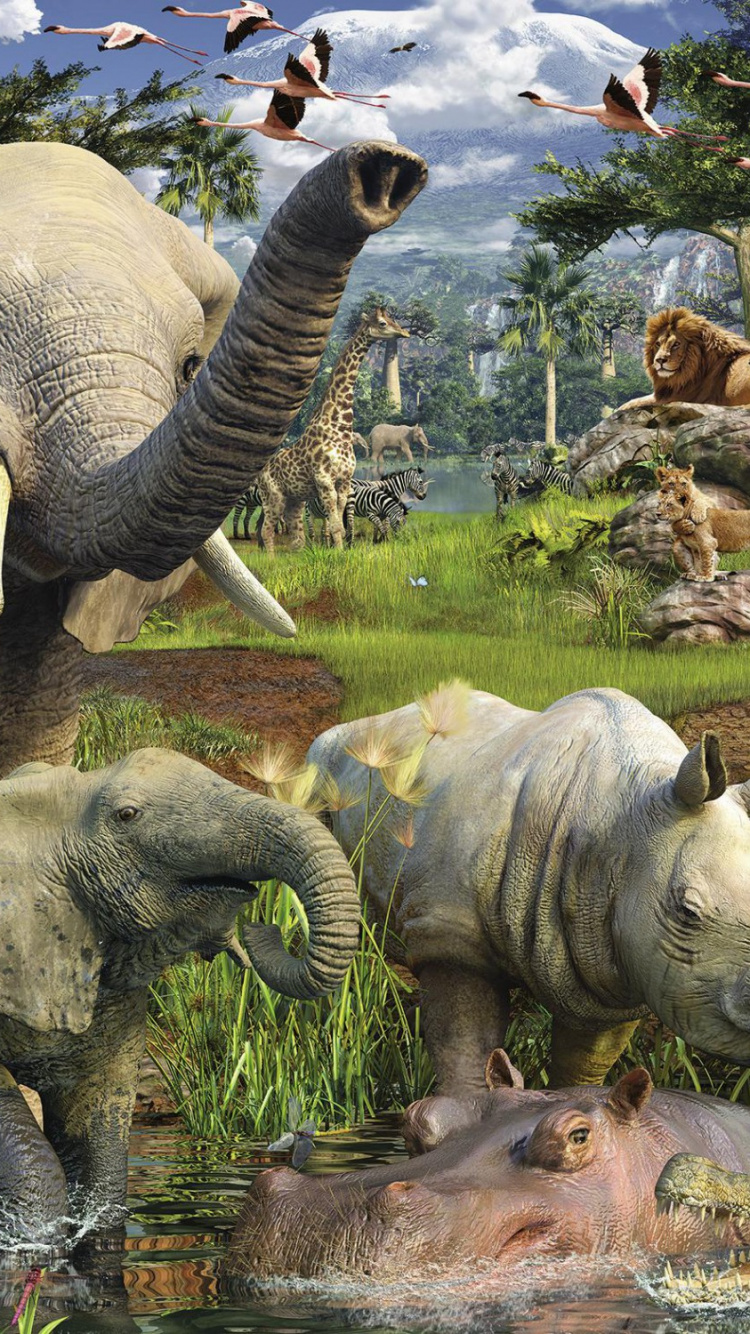 Обои Равенсбургер У Водопоя, наземные животные, Слон, живая природа, слоны и мамонты в разрешении 750x1334