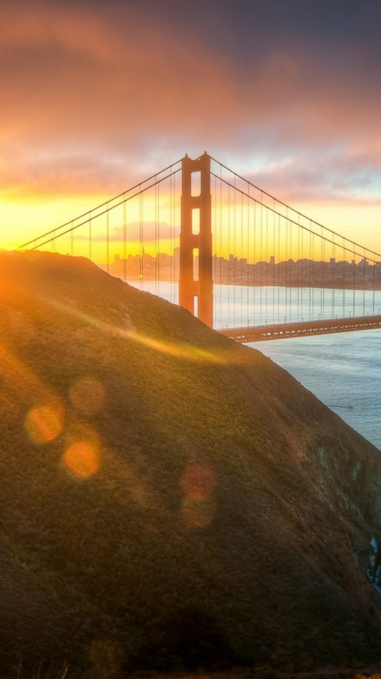 Обои мост Golden Gate, мост, вода, закат, горизонт в разрешении 750x1334