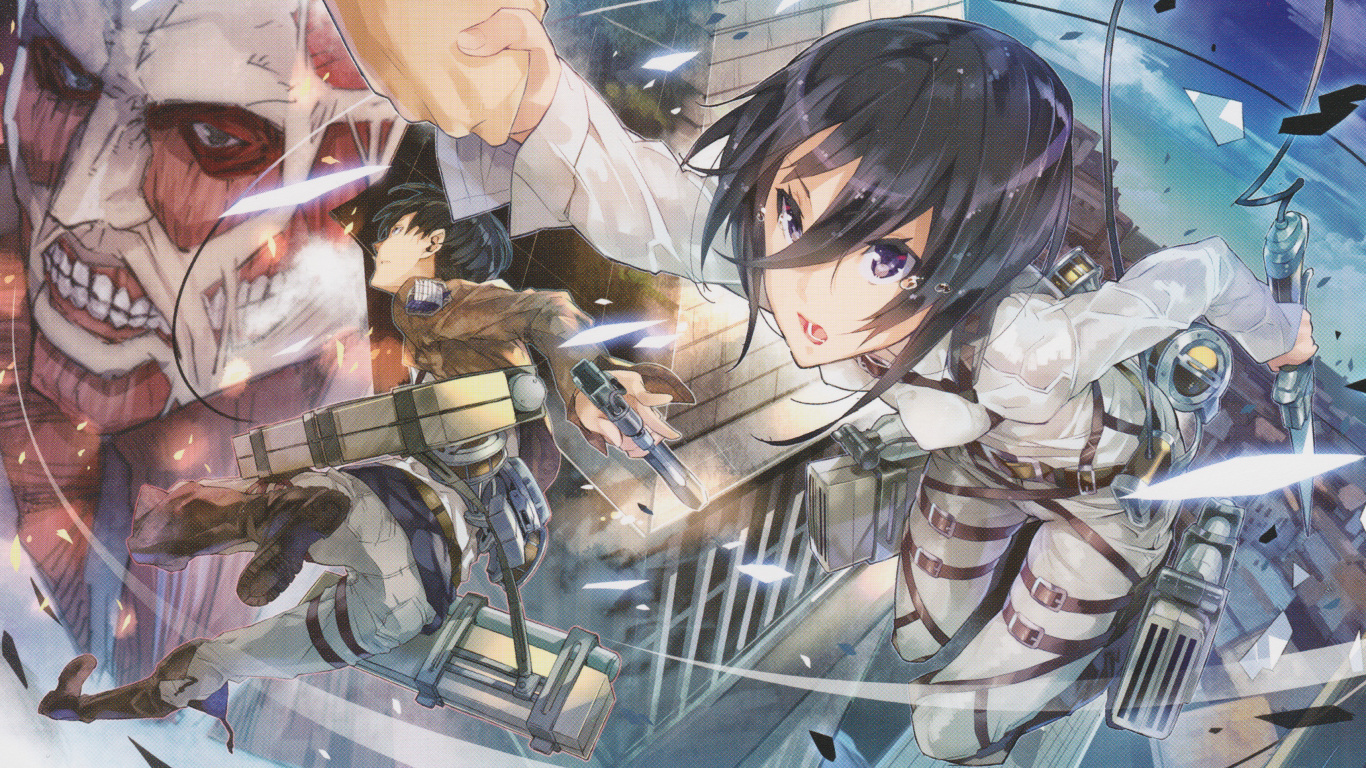 Обои Микаса Акерман, Леви, эрен йегер, нападение на титан, аниме в разрешении 1366x768