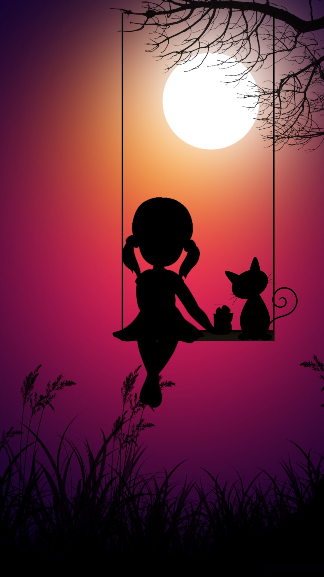 Обои кот, рисование, арт, силуэт, иллюстрация в разрешении 1080x1920